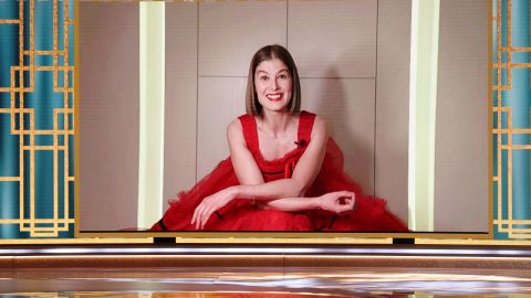 Rosamund Pike accepts the best actress - motion picture -- musical/comedy award for 'I Care a Lot' via video at the 78th Annual Golden Globe Awards held at The Beverly Hilton and broadcast on February 28, 2021 in Beverly Hills, California.