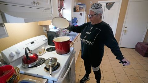 Nancy Wilson boils water in her home in Houston on February 19, 2021.