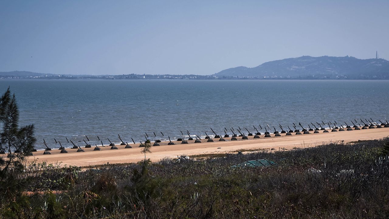 Anti-tank barricades line Guningtou beach, a constant reminder of Kinmen's military history.