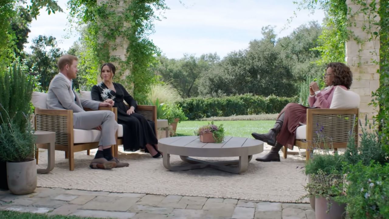 Harry and Meghan spoke with Winfrey on an outdoor set.