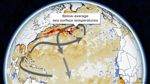 Current sea surface temperature departures from normal indicate the cold pool in parts of the North Atlantic Ocean. The arrows show the general Atlantic Meridional Overturning Circulation.