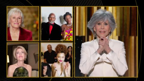 Glenn Close, Viola Davis (with Julius Tennon), Jane Fonda, Gillian Anderson, and Andra Day speak during the 78th Annual Golden Globe Awards (Photo by NBC/NBCU via Getty Images)