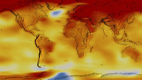 This color-coded map shows a progression of changing global surface temperature anomalies. Normal temperatures are the average over the 30-year baseline period from 1951 to 1980. Higher than normal temperatures are shown in red and lower than normal temperatures are shown in blue. The image represents the five-year global temperature anomalies from 2016 to 2020. The scale is in degrees Celsius.