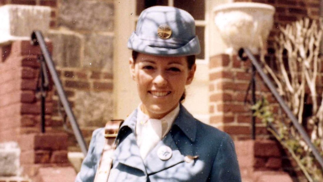 <strong>Flight attendant uniform: </strong>Here's Jocelyne in the 1970s Pan Am uniform -- the flight attendants could wear blue or tan. "They made special buttons promoting the 747 and had us wear them on our lapels," recalls Jocelyne.