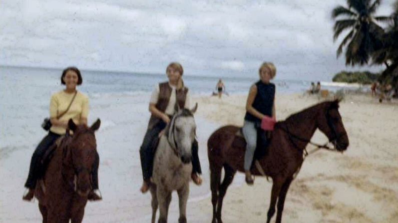 <strong>Beach layover: </strong>In Barbardos, the crew liked to go horseback riding on the beach. Jocelyne is on the left.