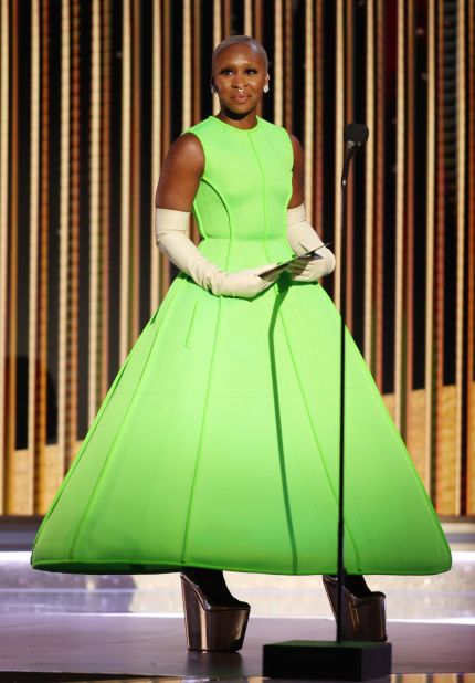 Cynthia Erivo stunned in a futuristic neon green Valentino piece.