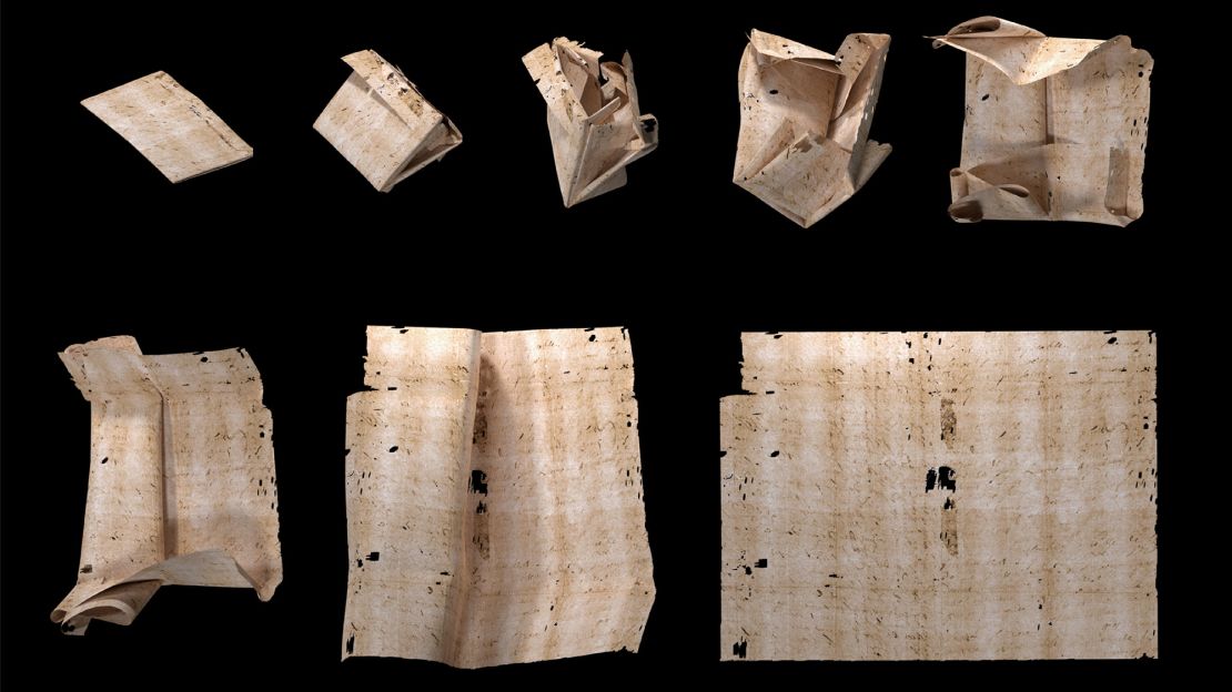 This is a computer-generated unfolding sequence of a sealed letter from 17th-century Europe. Virtual unfolding was used to read the letter's contents without physically opening it.