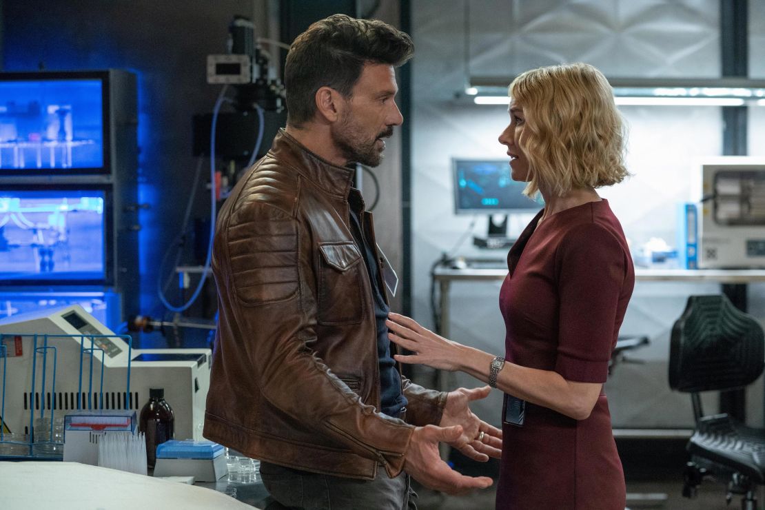 Frank Grillo (left) and Naomi Watts (right) are shown in a scence from "Boss Level."