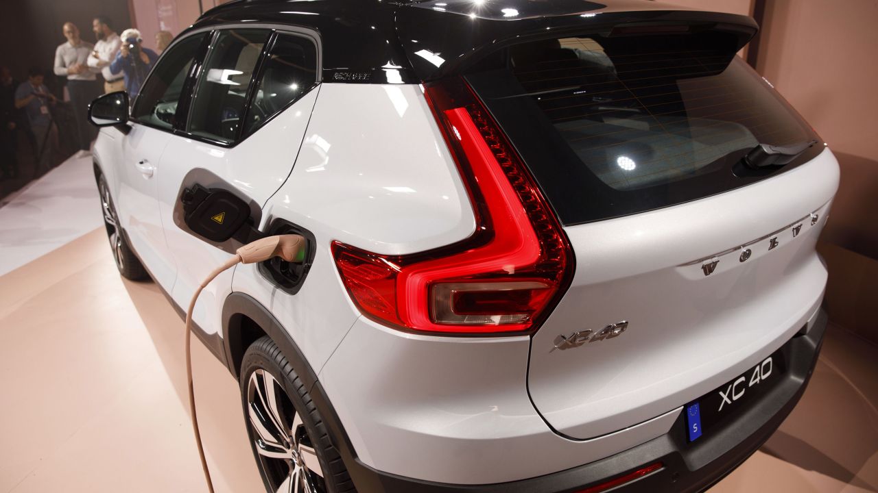 The Volvo XC40 Recharge is displayed during an event in Los Angeles, California in 2019.