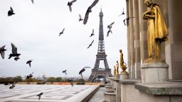 Empty place du Trocadero with the Eiffel tower in the background and pigeons on October 30, 2020, on the first day of a second national general lockdown aimed at curbing the spread of Covid-19. 