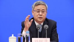 Guo Shuqing, Chairman of the China Banking and Insurance Regulatory Commission, attends a news conference of the State Council Information Office on promoting the high-quality development of the Banking and Insurance Industry on March 2, 2021 in Beijing, China. 
