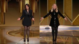 Pictured in this screengrab released on February 28, (l-r) Co-hosts Tina Fey and Amy Poehler speak onstage at the 78th Annual Golden Globe Awards broadcast on February 28, 2021. --  (Photo by NBC/NBCU Photo Bank via Getty Images)