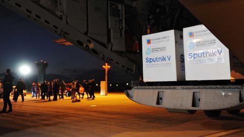 A shipment of Russia's Sputnik V vaccine sits on the tarmac at an airport in Slovakia on March 1. 