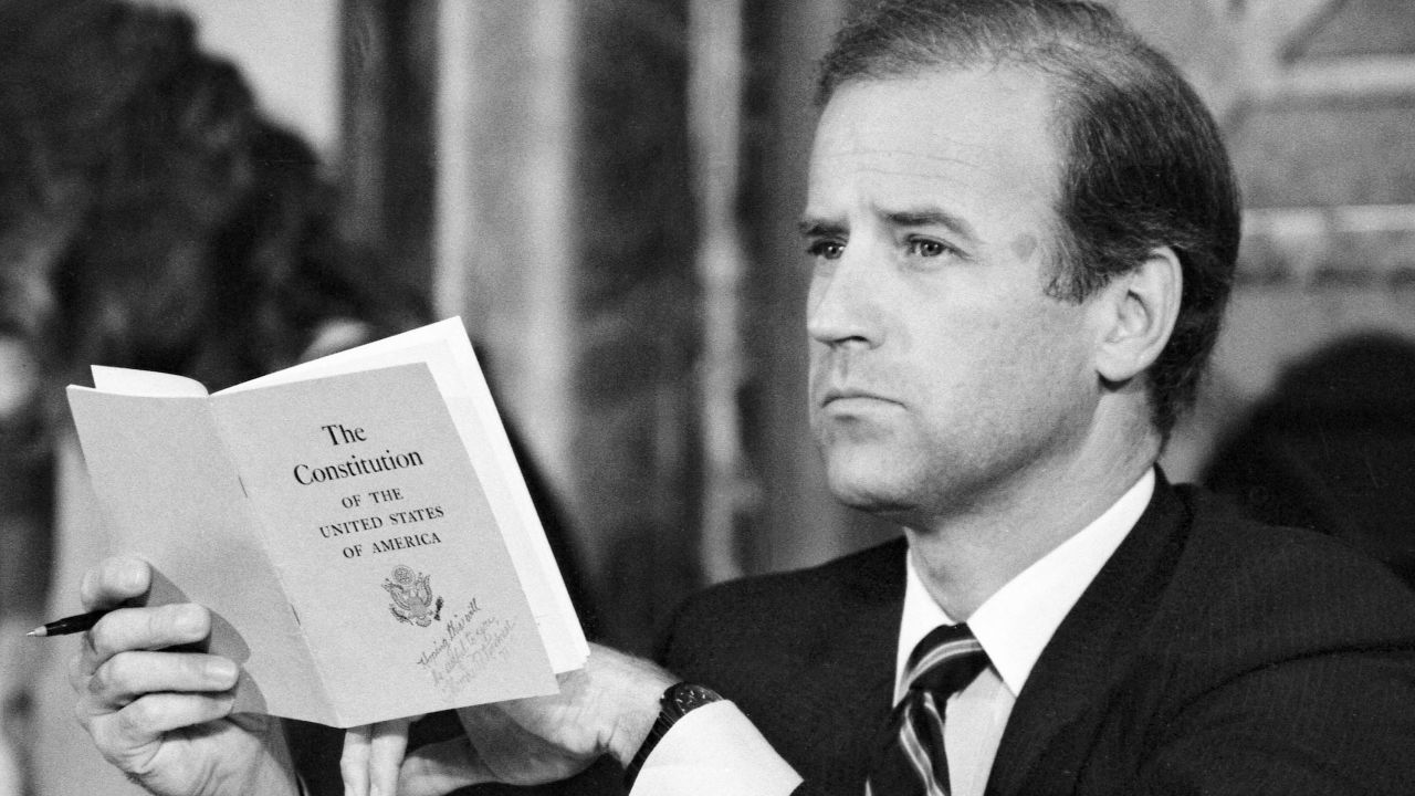 Then-Sen. Joe Biden is pictured in 1986 on the day the Senate Judiciary Committee held its second day of hearings on Justice William Rehnquist's nomination to be chief justice.
