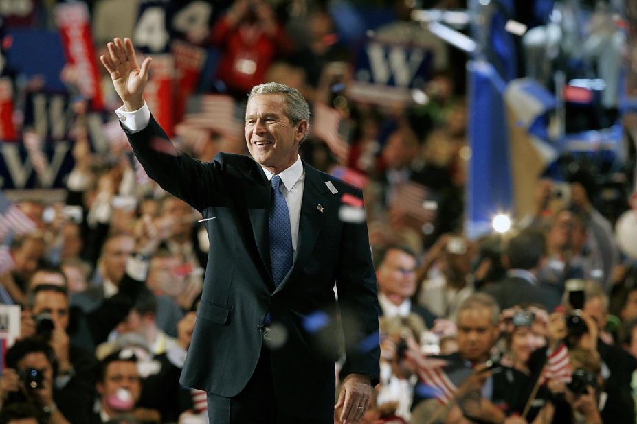 Bush waves after addressing delegates at the Republican National Convention in 2004.