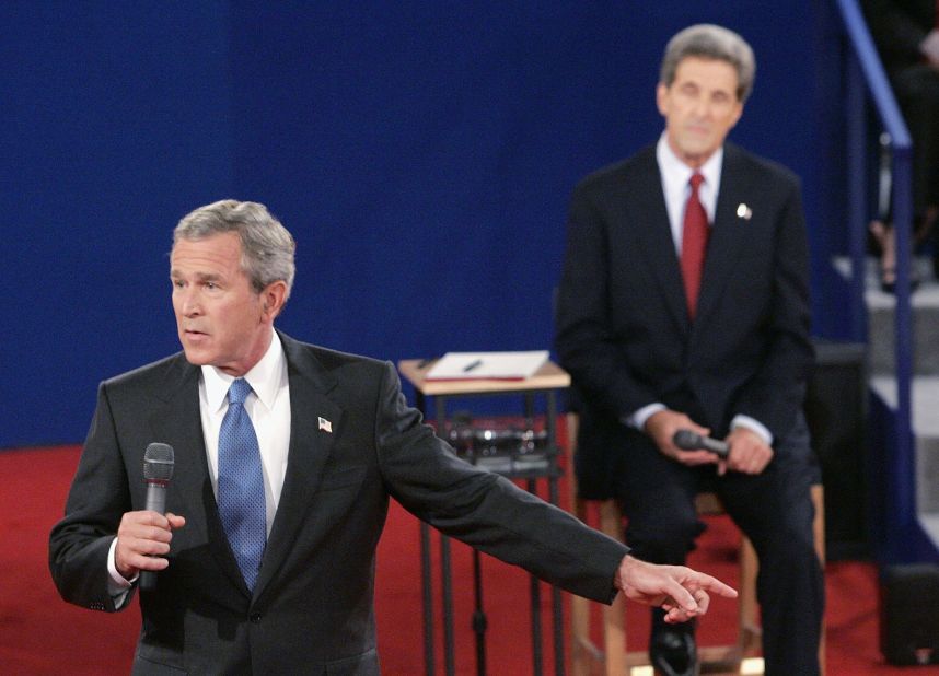 Bush addresses the audience as he debates Democratic challenger John Kerry in October 2004.