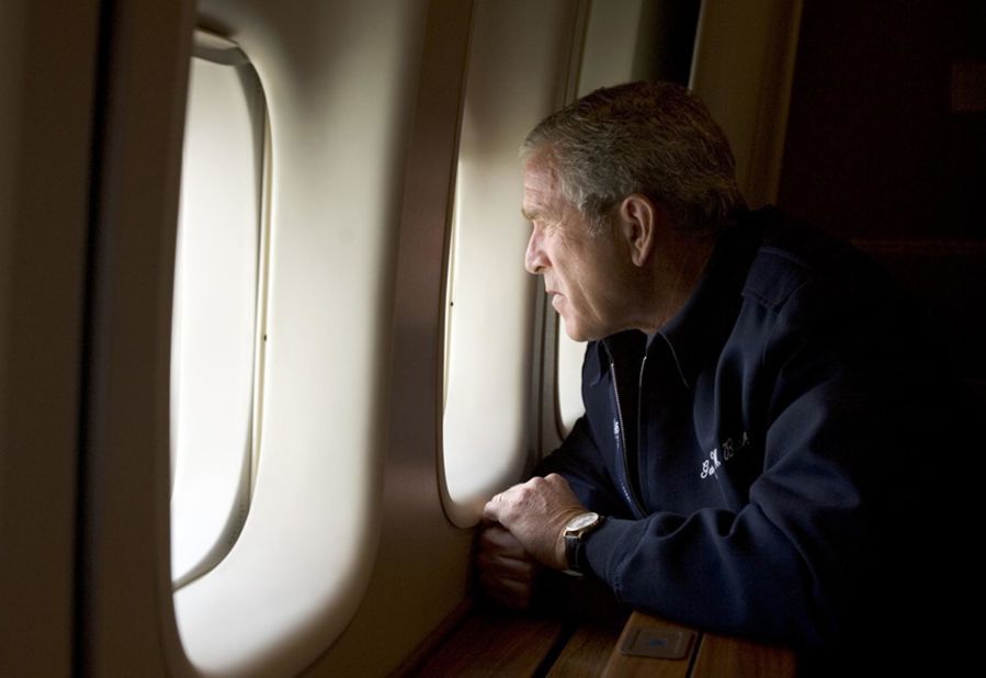 Bush surveys Hurricane Katrina damage as Air Force One flies over New Orleans in August 2005.