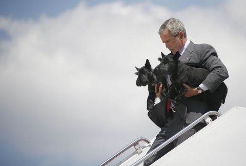 Bush walks off Air Force One carrying the family dogs Barney and Miss Beazley in 2006.