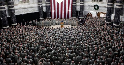 Bush speaks to US troops in Baghdad, Iraq, in December 2008.