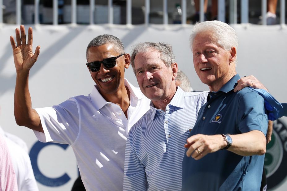 Former Presidents Obama, Bush and Clinton attend the Presidents Cup golf event in Jersey City, New Jersey, in 2017.