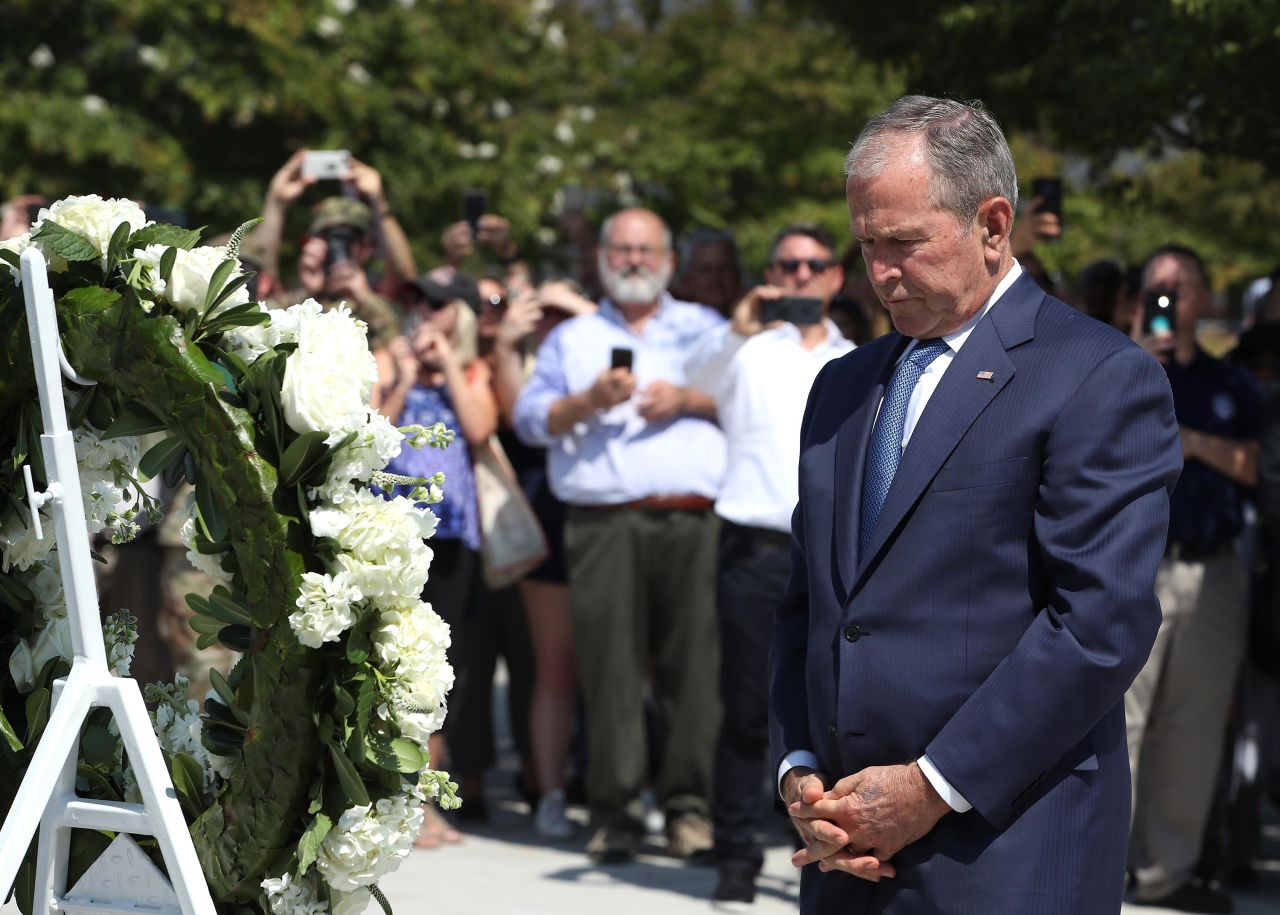 Bush participates in a wreath-laying ceremony at the 9/11 Pentagon Memorial in 2019.