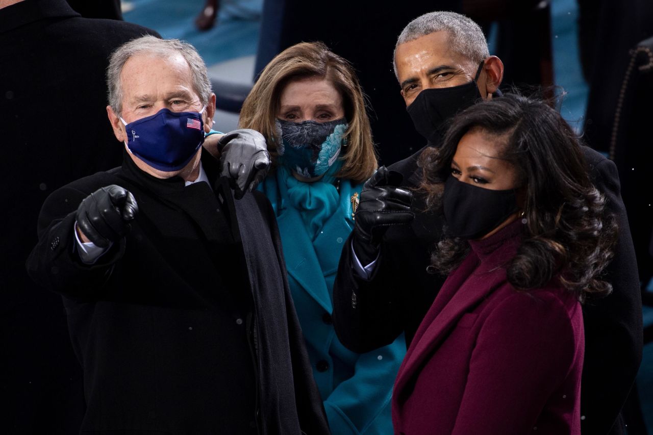Bush is joined by the Obamas and House Speaker Nancy Pelosi at Biden's inauguration.