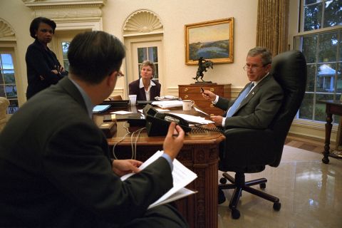 Bush works on another address to the nation with National Security Adviser Condoleezza Rice, speechwriter Mike Gerson and presidential counselor Karen Hughes on September 20, 2001.