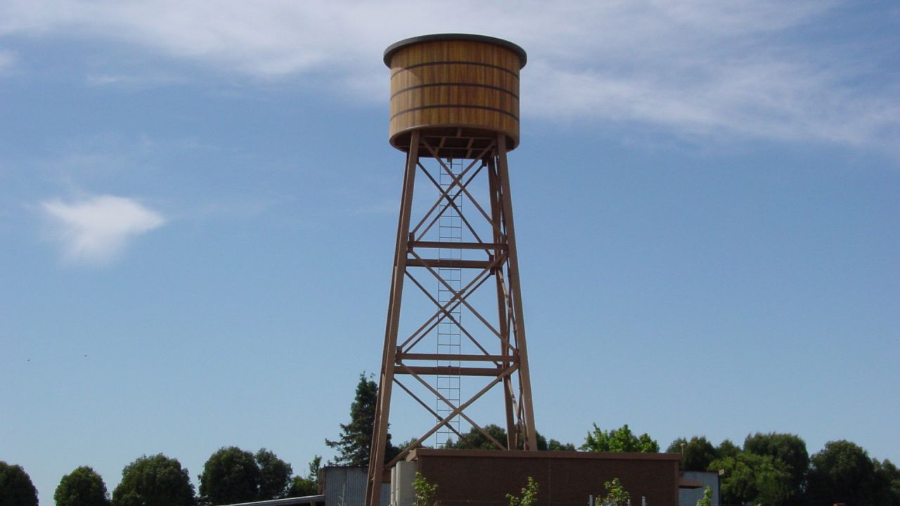 A faux-water tank conceals 4G equipment in Schellville, California. It can be modified to be 5G capable.
