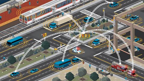 A US Department of Transportation illustration shows how vehicle to infrastructure technology is designed to function and improve road safety.