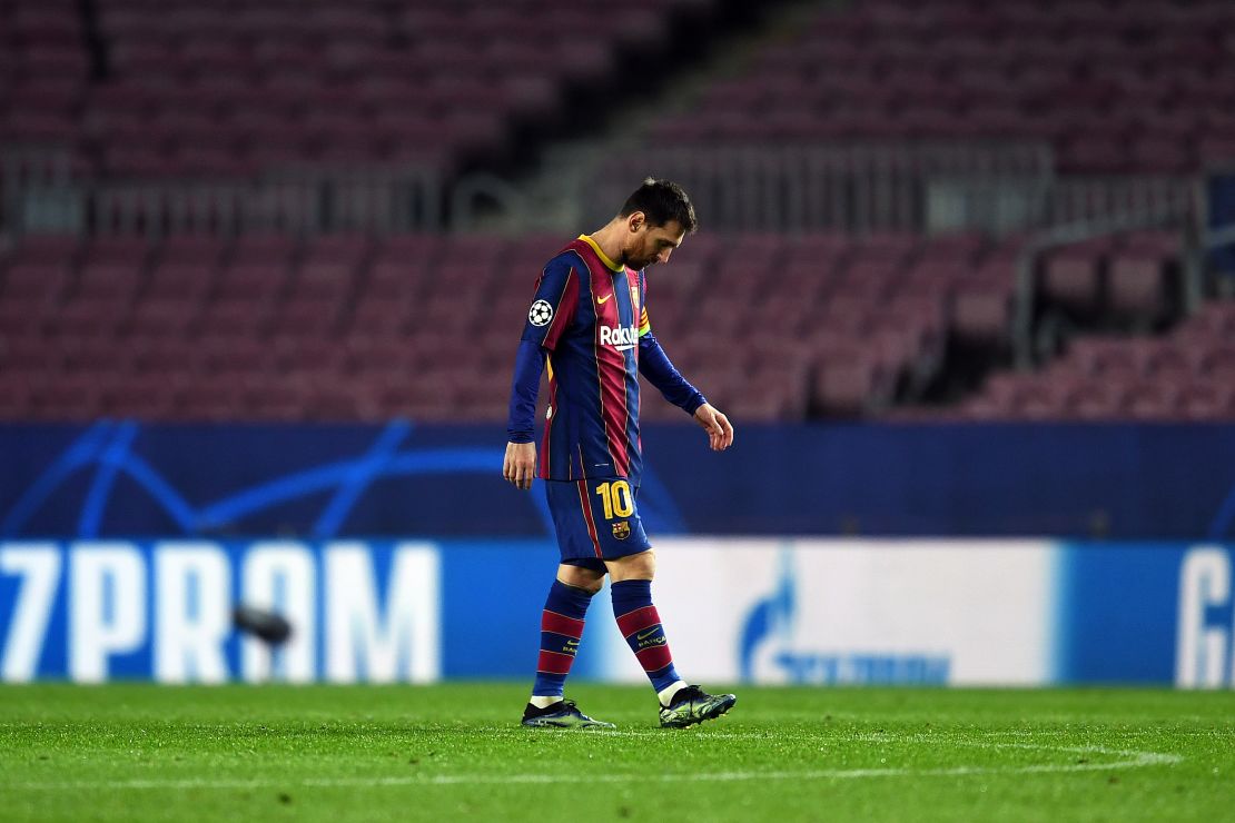 Lionel Messi trudges off after Barcelona's recent hammering at the hands of PSG.