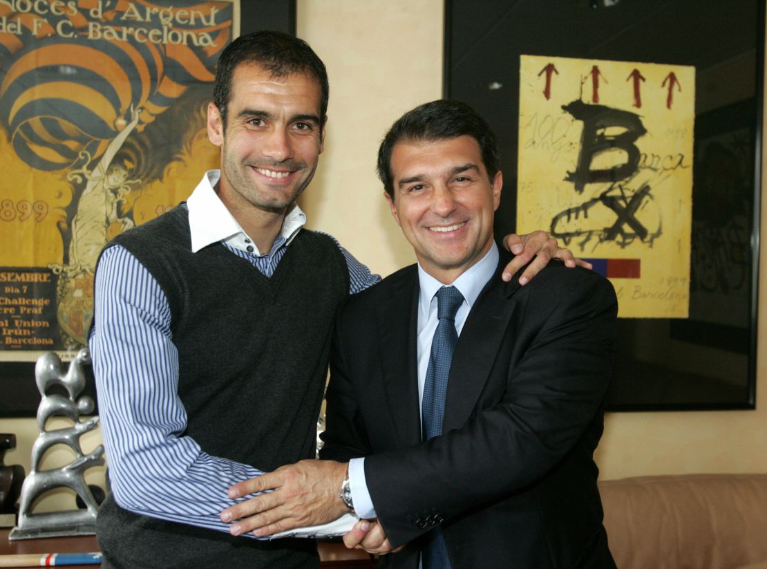 Joan Laporta (R) hired Pep Guardiola to be Barcelona new head coach in 2008.