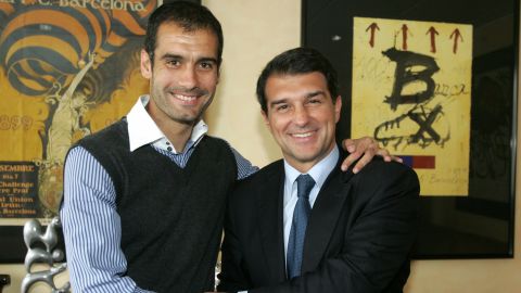 Joan Laporta (R) hired Pep Guardiola to be Barcelona new head coach in 2008.