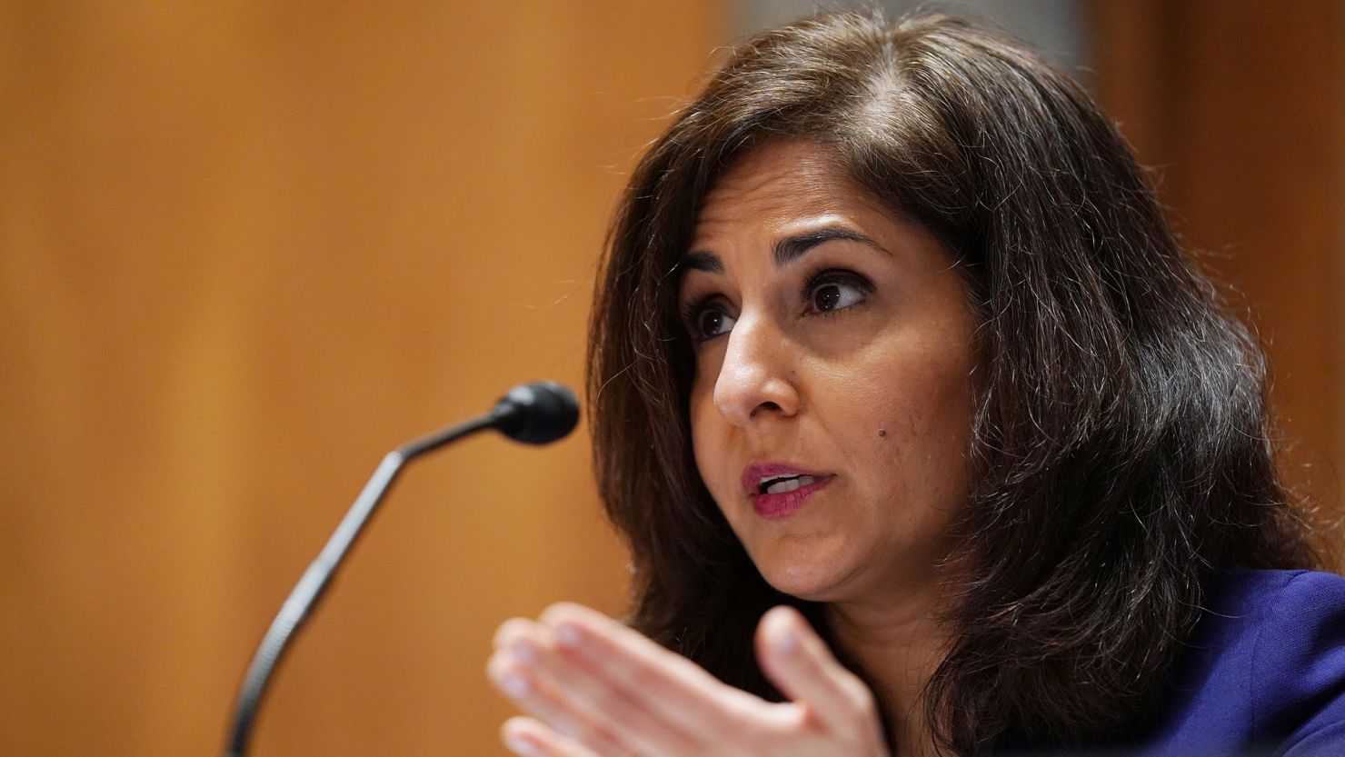 Neera Tanden, then-nominee for Director of the Office of Management and Budget, testifies at her confirmation hearing before the Senate Homeland Security and Government Affairs committee in February 2021 at the US Capitol in Washington, DC. 
