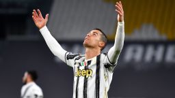 TURIN, ITALY - MARCH 02: Cristiano Ronaldo of Juventus reacts during the Serie A match between Juventus and Spezia Calcio at Allianz Stadium on March 02, 2021 in Turin, Italy. Sporting stadiums around the Italy remain under strict restrictions due to the Coronavirus Pandemic as Government social distancing laws prohibit fans inside venues resulting in games being played behind closed doors. (Photo by Valerio Pennicino/Getty Images)