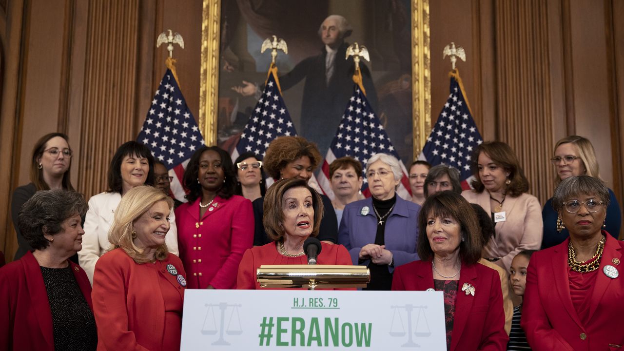 House Speaker Nancy Pelosi speaks at a news conference on the House's vote last year to remove the ratification deadline for the Equal Rights Amendment in February 2020 in Washington, DC. The House is voting on the deadline again in 2021. 