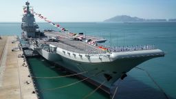 SANYA, Dec. 27, 2019 -- Photo taken on Dec. 17, 2019 shows the Shandong aircraft carrier at a naval port in Sanya, south China's Hainan Province. China's first domestically built aircraft carrier, the Shandong, was delivered to the People's Liberation Army  Navy and placed in active service on Dec. 17 at a naval port in Sanya. The new aircraft carrier, named after Shandong Province in east China, was given the hull number 17. (Photo by Li Gang/Xinhua via Getty) (Xinhua/Li Gang via Getty Images)
