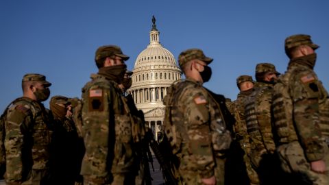 Members of the National Guard gather outside the U.S. Capitol in Washington, D.C., U.S., on Thursday, March 4, 2021.