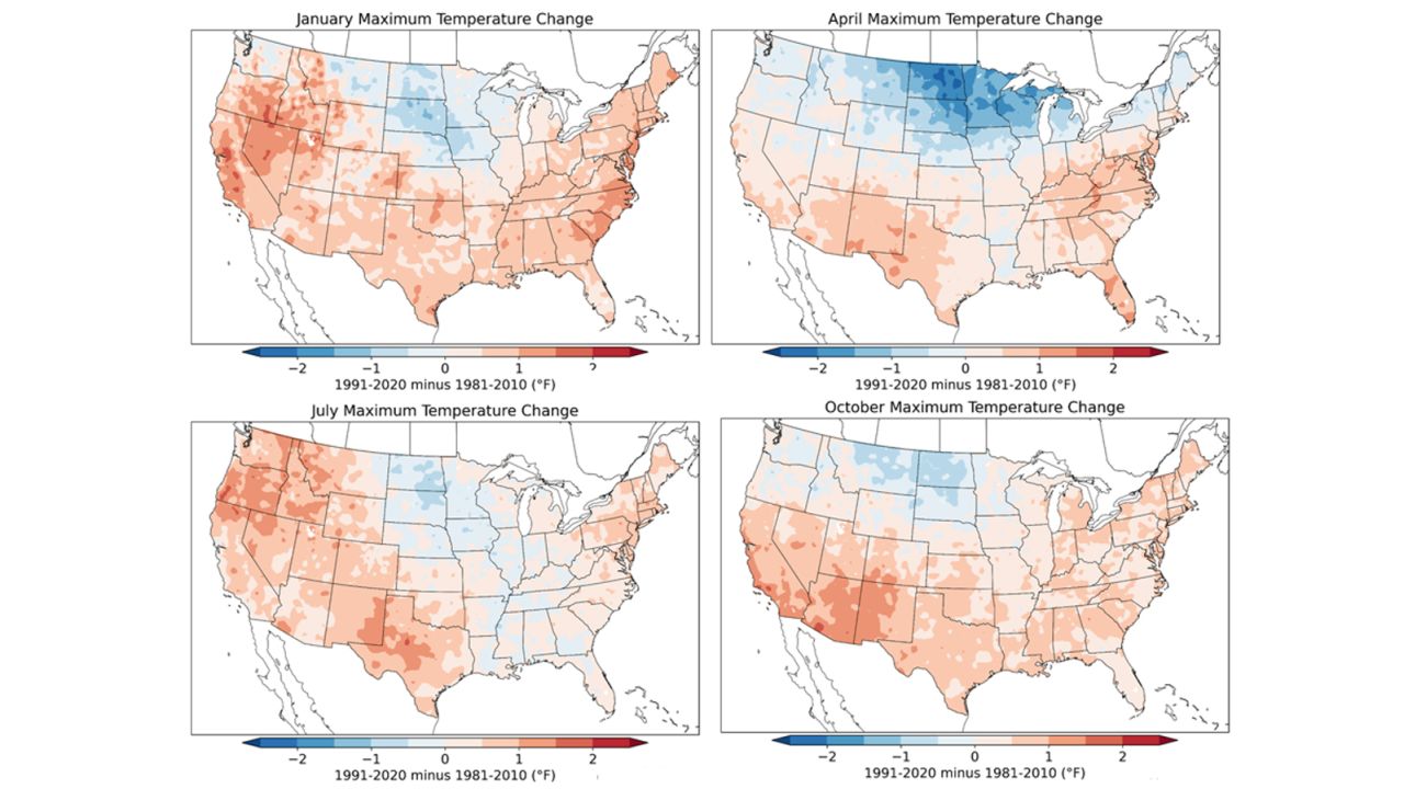 This preliminary set of maps from NOAA show the change in maximum temperature in the peak of each season between the old climate normals (1981-2010) and the new climate normals (1991-2020).