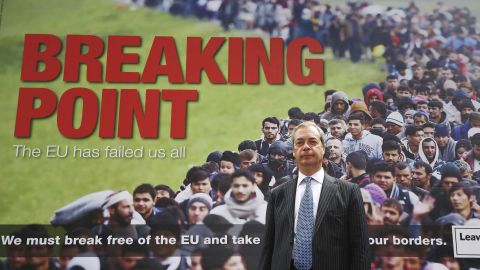 Nigel Farage stands in front of the infamous Brexit referendum poster in 2016, purporting to show migrants queuing to get into the EU.