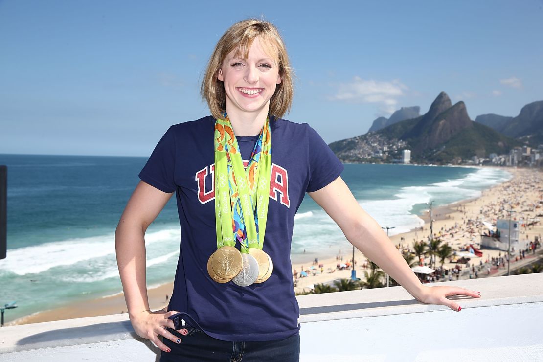 Katie Ledecky poses with her Olympic medals in Rio. 