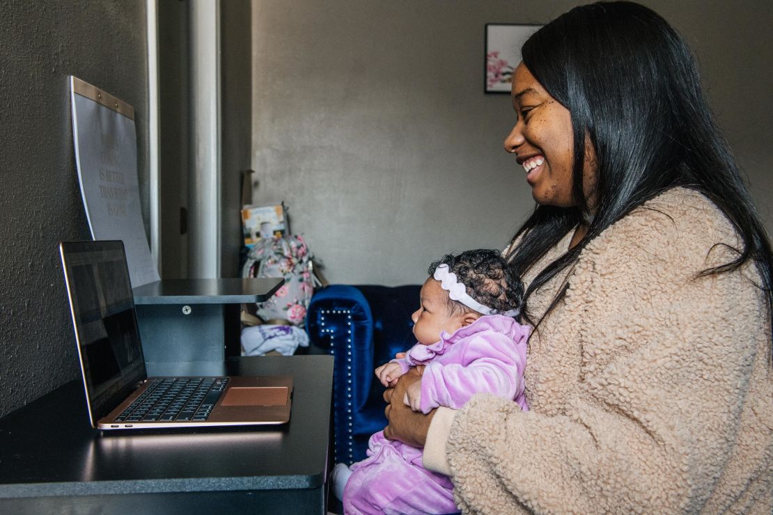 Alexis Small and her newborn baby Aubrielle Kitchen meet with family via Zoom on November 26, 2020 in Los Angeles.