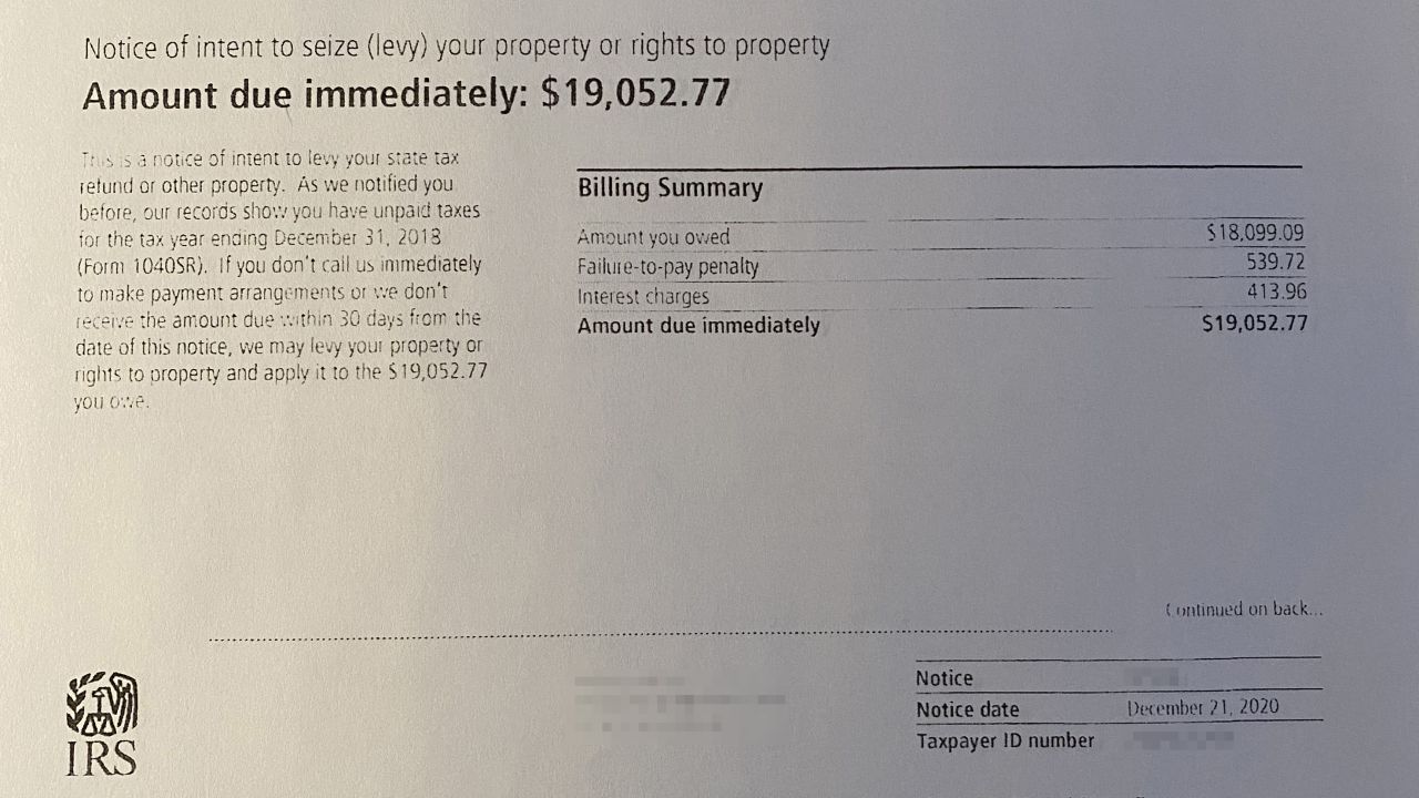 After receiving this letter, Betsy Livecchi and her husband worked with the watchdog arm of the IRS to sort out the situation and ended up getting the late fees abated. (CNN has blurred portions of this image to obscure personal information). 