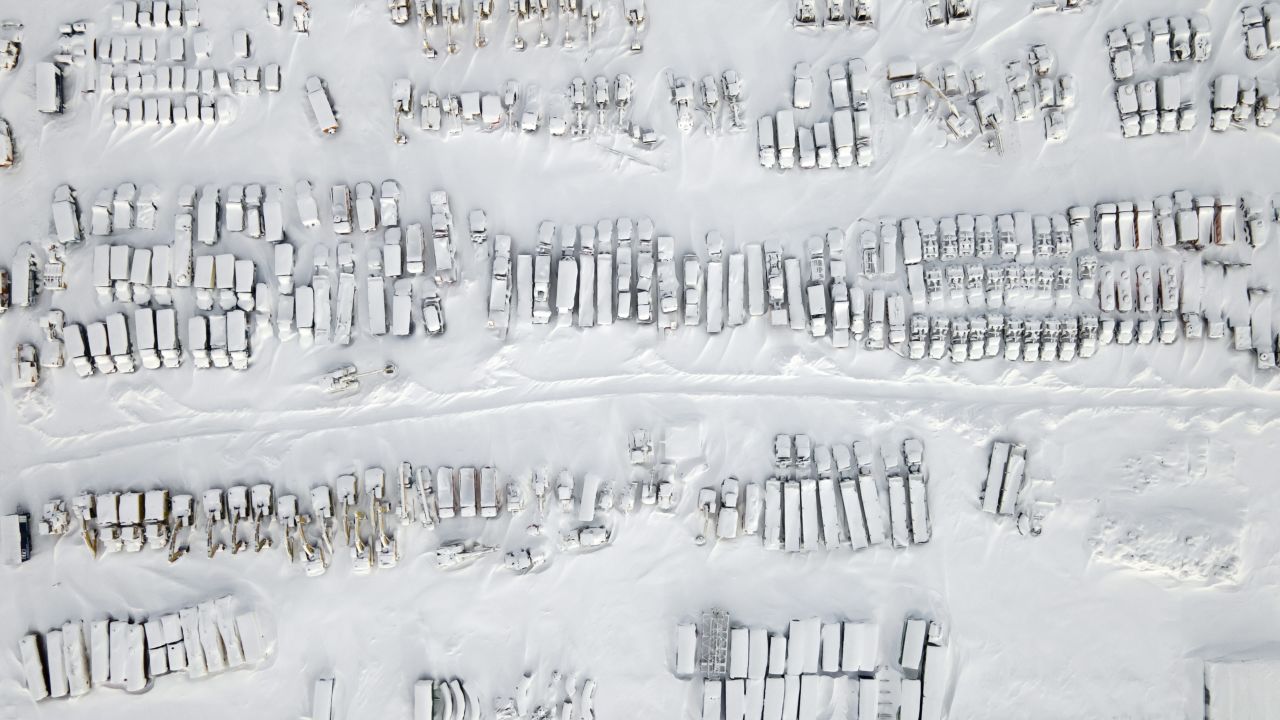 An aerial view shows frozen equipment at a construction site in the coal-mining town Vorkuta.