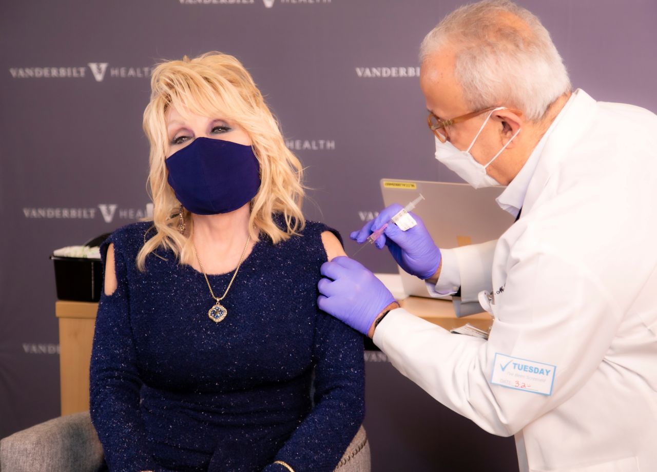 Country music legend Dolly Parton <a href="https://www.cnn.com/2021/03/02/us/dolly-parton-gets-her-covid-19-vaccine-trnd/index.html" target="_blank">receives a Covid-19 vaccine</a> in Nashville, Tennessee, on Tuesday. March 2. She posted the video to her Twitter account, urging her followers to get their shot when they can.
