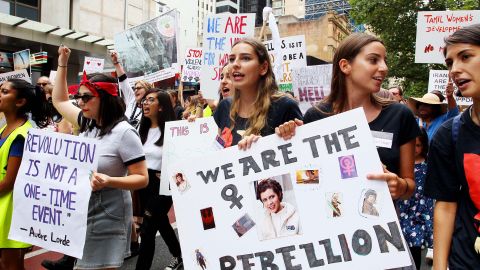 Protesters walked through Sydney in 2019 for the "Women's Wave" march, but many say not enough has been done to address inequality and sexual assault.