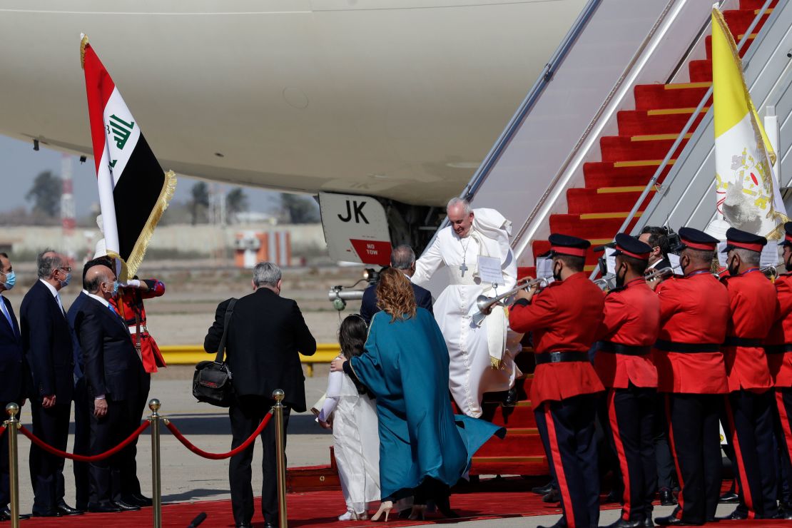 Pope Francis arrives at Baghdad's international airport, Iraq, Friday, March 5, 2021. 