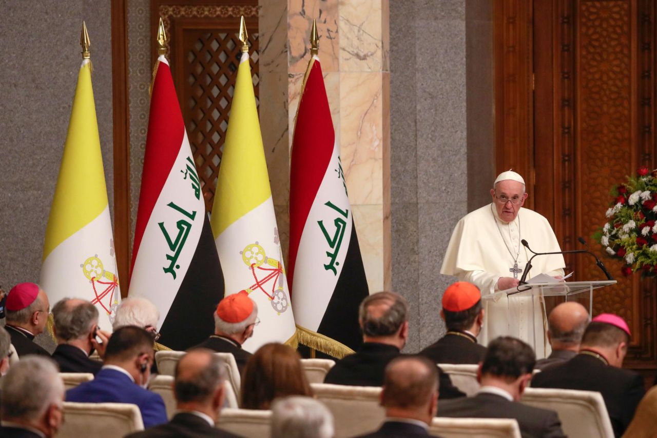 The Pope speaks at the Presidential Palace in Baghdad on Friday.