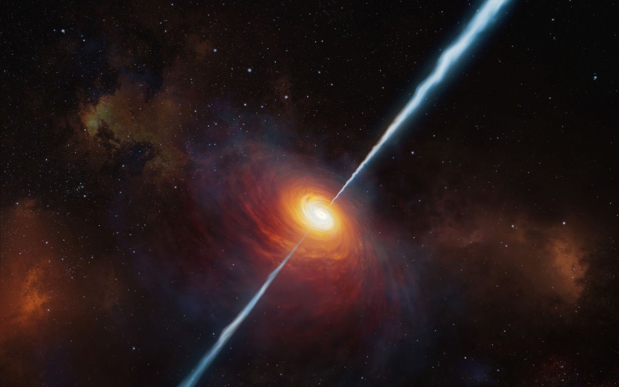 This artist's impression shows how the distant quasar P172+18 and its radio jets may have looked 13 billion years ago. The light from the quasar has taken that long to reach us, so astronomers observed the quasar as it looked in the early universe.