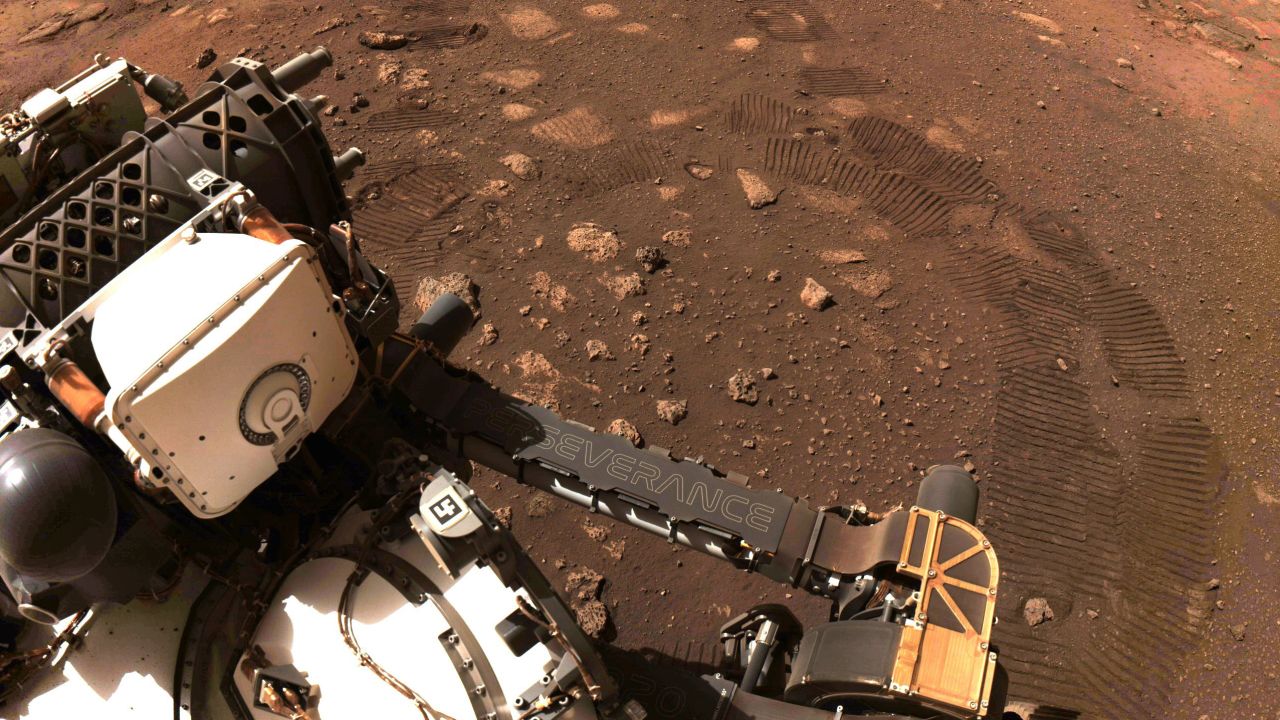 This image was taken during the first drive of NASA's Perseverance rover on Mars on March 4, 2021. The team has spent the weeks since landing checking out the rover to prepare for surface operations.