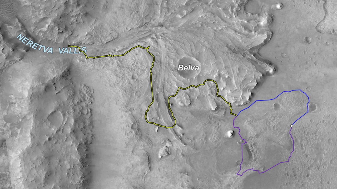 This image shows two possible routes (blue and purple) to the delta.